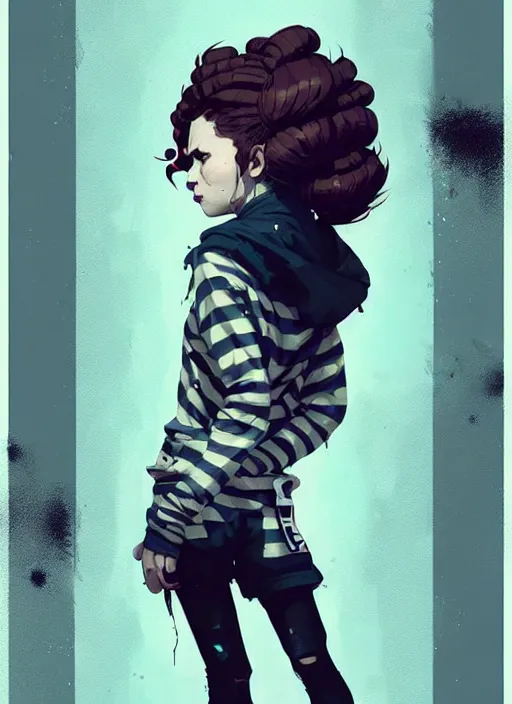 Image similar to highly detailed portrait of a sewer punk lady, tartan hoody, ringlet hair by atey ghailan, by greg rutkowski, by greg tocchini, by james gilleard, by joe fenton, by kaethe butcher, gradient light blue, black, cream and white color scheme, grunge aesthetic!!! ( ( graffiti tag wall background ) )