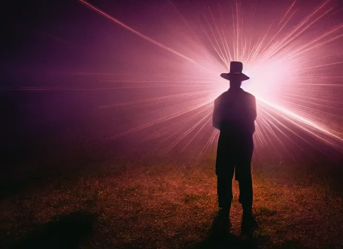 Image similar to a very good looking detailed sorcerer summons a blast of magic energy from their hand, on an empty moonlit hill, dramatic lighting, lens flare, 3 5 mm full frame professional photography, kodak ektar