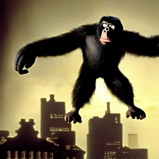 Image similar to mr. bean as king kong. movie still. cinematic lighting.