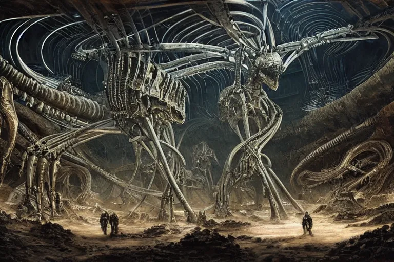 Prompt: Epic science fiction cavescape. In the foreground is soldiers in battle-armor searching, in the background alien machinery and alien eggs. The skeleton of a gigantic alien machine creature is between them. Stunning lighting, sharp focus, extremely detailed intricate painting inspired by H.R. Giger and Gerald Brom