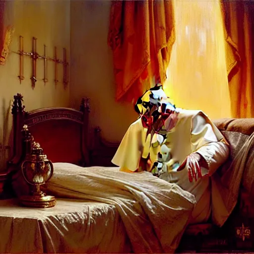 Image similar to the pope wakes up is his bed, sweating, nervous, terrified, because a double horned shadow demon lurks in the wall of the papal bedroom. highly detailed painting by gaston bussiere, j. c. leyendecker, greg rutkowski, craig mullins 8 k