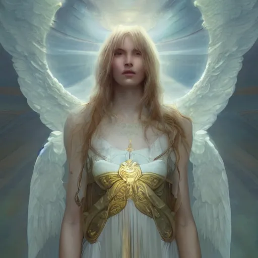 Image similar to angel warrior, beautiful, stunning, gold mist, radiating power, energy, god rays, luminescence, fractal, smooth white and soft by ruan jia, tom bagshaw, alphonse mucha, krenz cushart, vray render, artstation, deviantart, pinterest