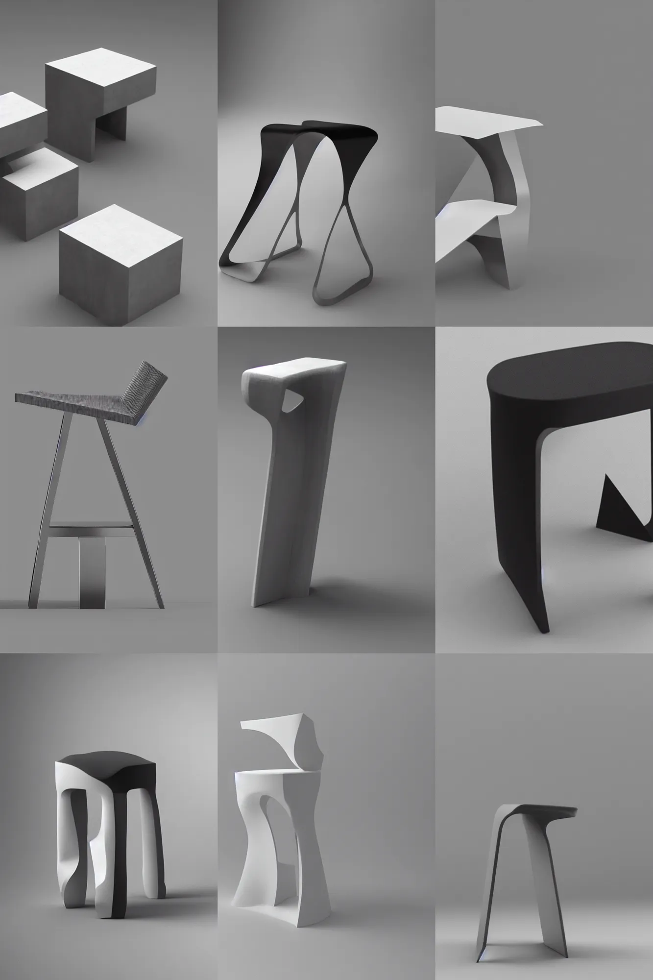 Prompt: rendering for stool, brutalism style stool, designed by zahahadid