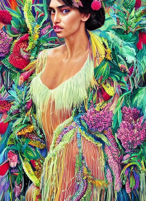 Image similar to beautiful portrait of Irina Shayk wearing fantastic Hand-dyed cotton dress, embellished beaded feather decorative fringe knots ,colorful pigtail,subtropical flowers and plants,symmetrical face,intricate,elegant, highly detailed, 8k,post-processing,digital painting, trending on pinterest, arper's bazaar,concept art, sharp focus, illustration, by artgerm,Tom Bagshaw,Lawrence Alma-Tadema,greg rutkowski,alphonse Mucha