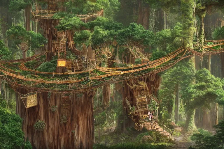 Prompt: various treehouses mounted on giant redwood tree trunks, interconnected by rope bridges, fantasy setting, dense vegetation, very detailed, d & d concept art, 4 k