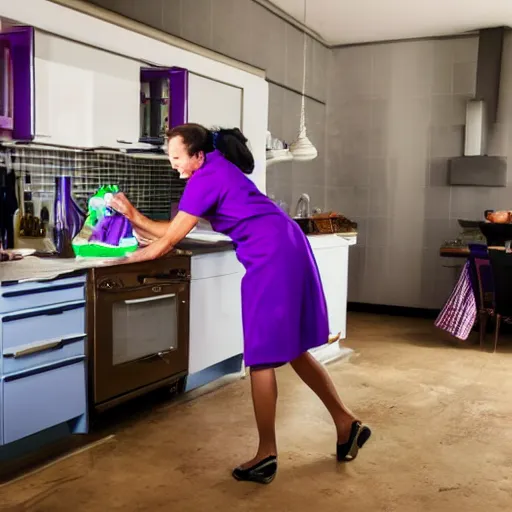 Prompt: a woman in a purple dress cleaning a kitchen, a stock photo by frieke janssens, shutterstock contest winner, feminist art, contest winner, stock photo, creative commons attribution