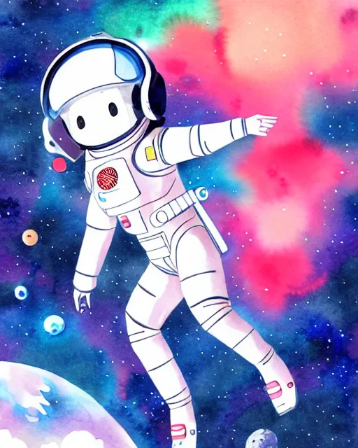 Prompt: oriental water color of a cute thicc female astronaut, floating through space, backlit, realistic anime, trending on pixiv