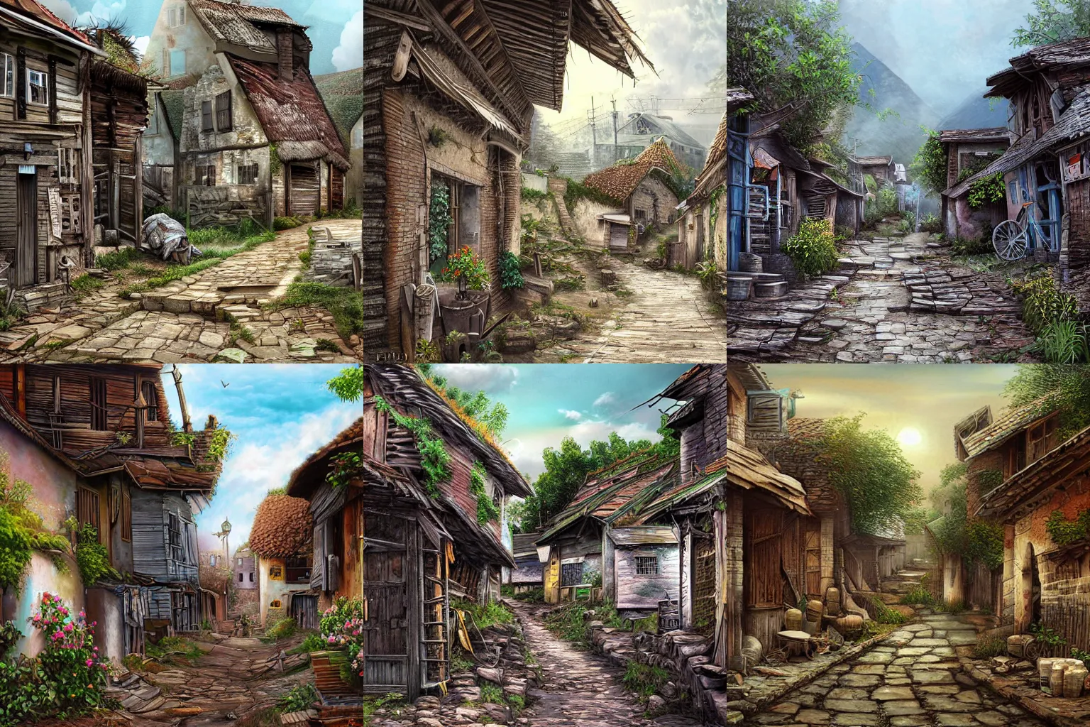 Prompt: a stunning painting of a run down village, digital art, hyper-detailed