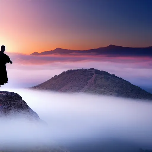 Image similar to a monk training on top of a mountain, fog, painting , sunset, beautiful, artsty