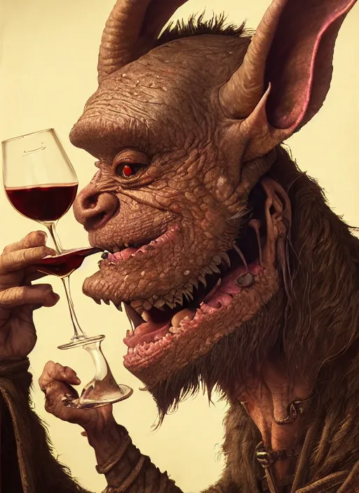 Prompt: highly detailed closeup portrait of a medieval goblin drinking wine, stephen bliss, unreal engine, greg rutkowski, ilya kuvshinov, ross draws, hyung tae and frank frazetta, tom bagshaw, tom whalen, nicoletta ceccoli, mark ryden, earl norem, global illumination, god rays, detailed and intricate environment