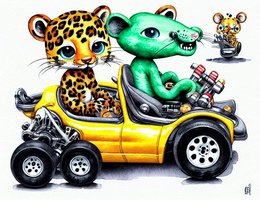 Image similar to cute and funny, baby leopard riding in a tiny go kart with oversized engine, ratfink style by ed roth, centered award winning watercolor pen illustration, isometric illustration by chihiro iwasaki, edited by range murata, tiny details by artgerm and watercolor girl, symmetrically isometrically centered