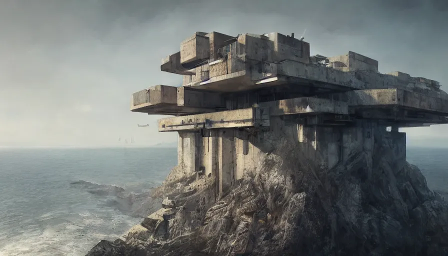 Image similar to coastal imperial brutalist base perched on a cliff overlooking a magnificient bay, pritzker architecture prize, jan urschel, greig fraser, by james gurney, greg rutkowski, highly detailed digital art, artstation