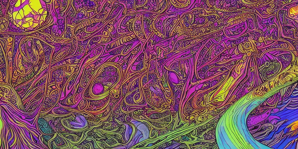 Image similar to a highly detailed illustration of psychedelic world, by moebius, by alex gray, full resolution, blue, pink, purple, yellow, red, green