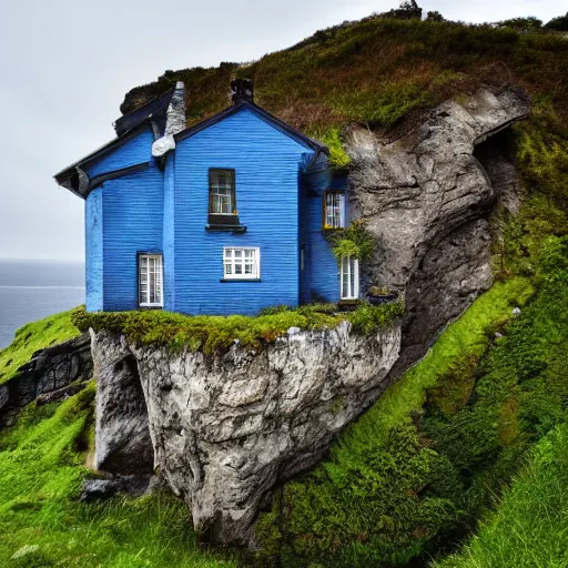 Prompt: a house at the edge of a cliff, the house is blue, the weather is stormy, atmospheric, gothic style