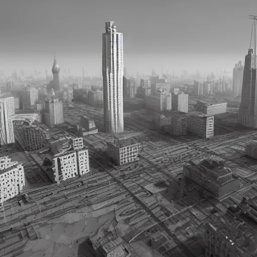 Image similar to photorealistic ruined Moscow city after Atomic bomb. Morning. 8K. detailed. photorealism. artstation. 25mm f/1.7 ASPH Lens. ultra realistic