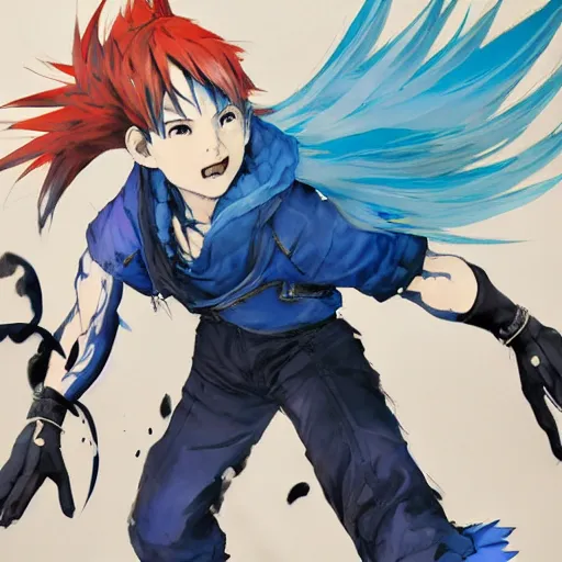 Image similar to a blue haired boy in a dynamic pose. character design. gesture drawing. line of action. official art, concept art. tetsuya nomura. final fantasy. shigenori soejima medium shot. ray tracing hdr. 8 k. uhd. sharp focus. symmetrical. coherent highly detailed. masterpiece. cinematic lighting..