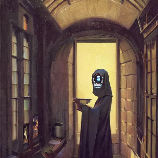 Prompt: detailed face of an intelligent cloaked scholarly middle aged woman with kind eyes in a architectonic victorian courtyard at a science expo, atmospheric, ambient, pj crook, syd mead, livia prima, artgerm, greg rutkowski, nick alm, casey baugh