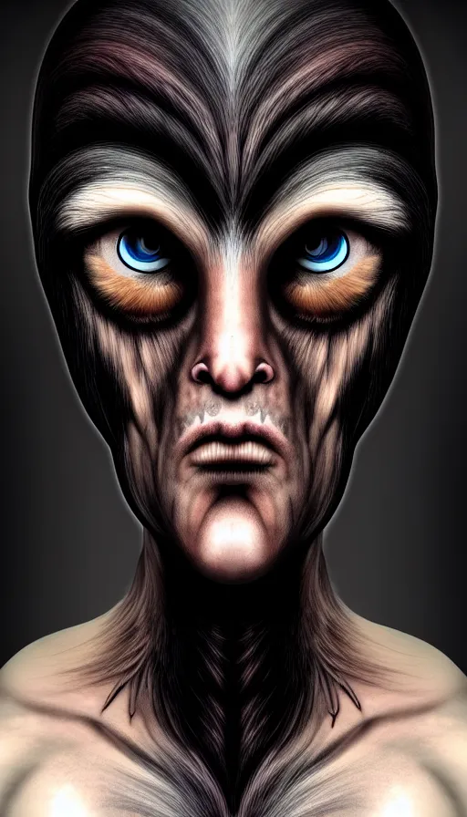 Prompt: epic professional digital portrait art of a human - aninal hybrid creature, portrait, human eyes, crow head, human skin, feathery skin, humanoid figure