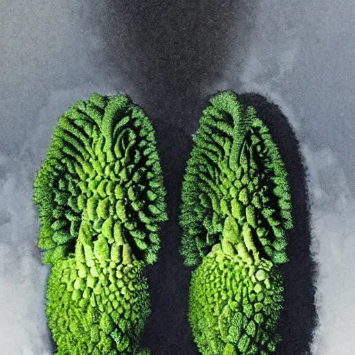 Image similar to romanesco brocoli balenciaga sneakers, arcimboldo, close up, highly detailed, dramatic intense lighting, deep shadows, wet, foggy