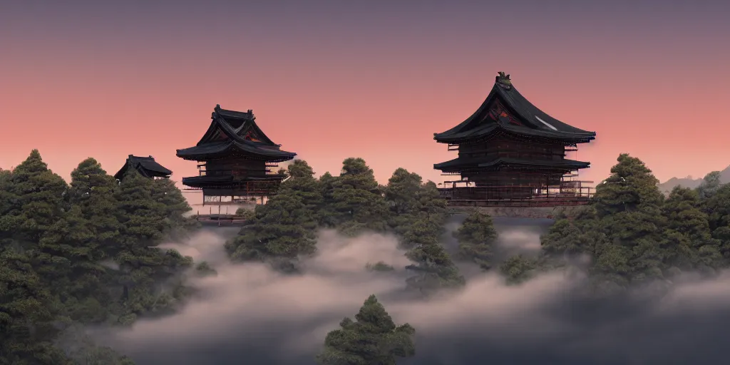 Image similar to a ancestral japanese temple on the top of a mountain at sunset, hyperrealistic, concept art, octane render, unreal engine 5, synthwave, high quality, highly detailed, 8 k, digital art, concept art, breathtaking landscape, cinematic lighting, path traced, over the clouds, godrays, complementary colors, natural lighting, masterpiece, mythical