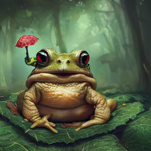 Image similar to funny long shot of a crazy toad baby sitting in a leaf cup, by esao andrews, by m. w. kaluta, ultra humorous illustration, small depth of field, perspective perception, volumetric light, psychedelic colors, 3 d octane render, 8 k, conceptart, hyperdetailed, hyperrealistic, trending on artstation