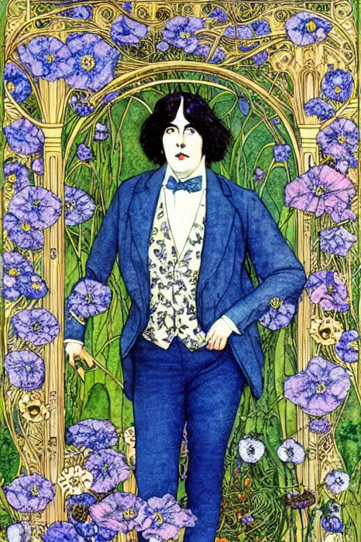 Prompt: realistic portrait of oscar wilde in the center of an ornate floral frame with blue meconopsis, detailed art by kay nielsen and walter crane, illustration style, watercolor