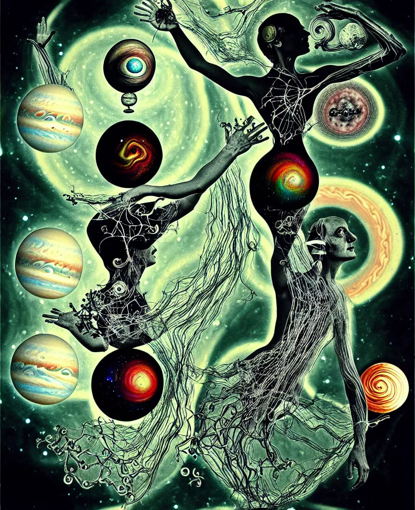 Image similar to whimsical uncanny creature alchemizes unique canto about'as above so below'being ignited by the spirit of haeckel and robert fludd, breakthrough is iminent, glory be to the magic within, to honor jupiter, surreal collage by ronny khalil