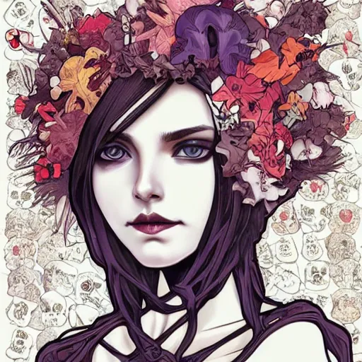 Image similar to manga skull portrait girl female skeleton realism hyperrealistic art Nintendo akira Scarlett Johanson and will cotton alphonse mucha pop art nouveau