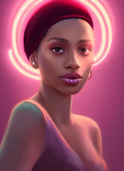 Image similar to portrait of young vanessa morgan with bright pink hair, black girl, vanessa morgan, curly pixie cut hair, wearing newsboy cap, newsboy cap, hoop earrings, intricate, elegant, glowing lights, highly detailed, digital painting, artstation, concept art, smooth, sharp focus, illustration, art by wlop, mars ravelo and greg rutkowski