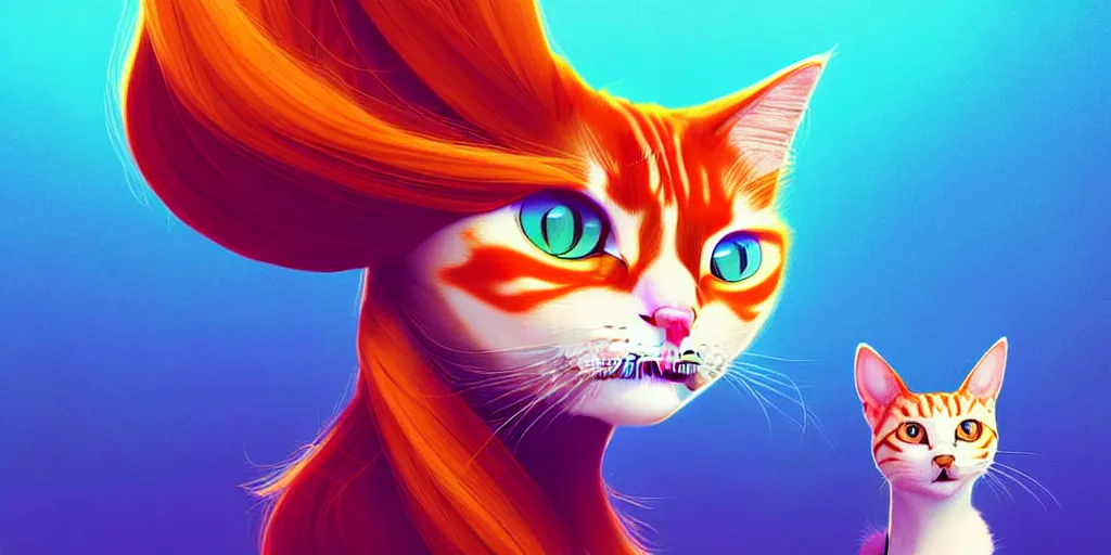 Image similar to curved perspective, extreme narrow, extreme fisheye, digital art of a female cat with ginger hairstyle with blue flower in her hair by anton fadeev from nightmare before christmas