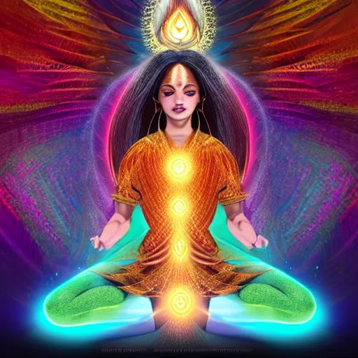 Image similar to the chakras awakened, a god, god, ecstatic, infinite power, manic, perfect eyes, full body shot, magical being, magic, portrait, noble, transformation, vivid colors, elegant, concept art, sharp focus, digital art, Hyper-realistic, 4K, Unreal Engine, Highly Detailed, HD, Dramatic Lighting by Brom, trending on Artstation