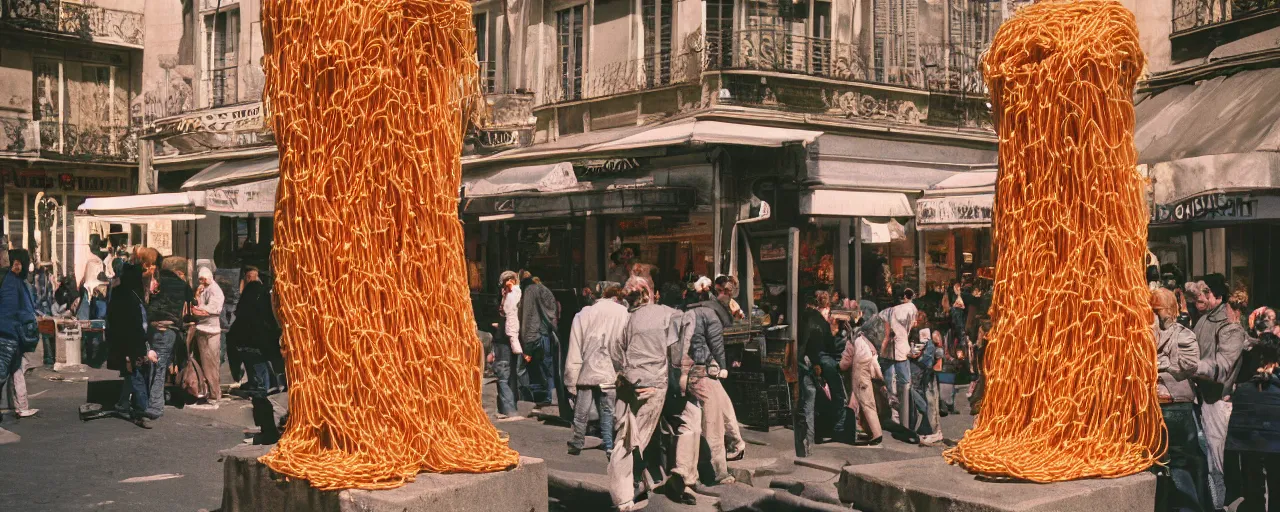 Prompt: a statue made of spaghetti in a busy parisian plaza, canon 5 0 mm, cinematic lighting, photography, retro, film, kodachrome, closeup