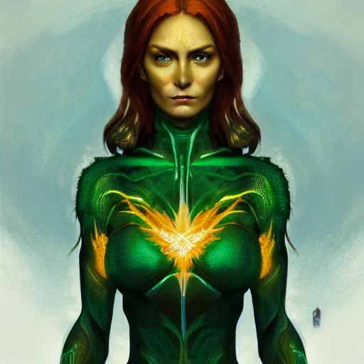 Image similar to full body portrait of jean grey, symetry, perfect face, green eyes, comic, phoenix rising, burning flames, intricate, detailed, volumetric lighting, scenery, digital painting, highly detailed, artstation, sharp focus, illustration, concept art, ruan jia, steve mccurry