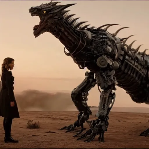 Prompt: cinematic still of westworld, a intact si - fi robotic fantasy dragon, well armored mech dragon, highly detailed