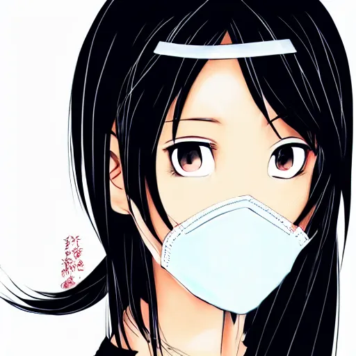 Image similar to full headshot portrait of a girl with long black hair, wearing a surgical mask, drawn by ATDAN, by Avetetsuya Studios, attractive character, colored sketch anime manga panel, trending on Pixiv