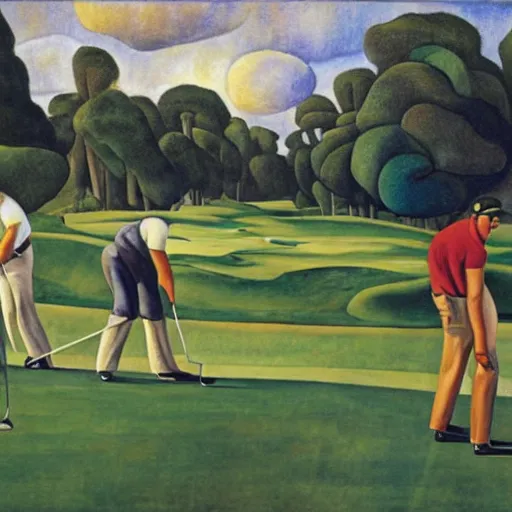 Image similar to Three golfers on a beautiful golf course, by Diego Rivera