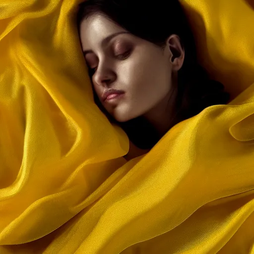Prompt: a photorealistic portrait of a woman draped in an yellow cloth, 4 k dramatic lighting, digital art