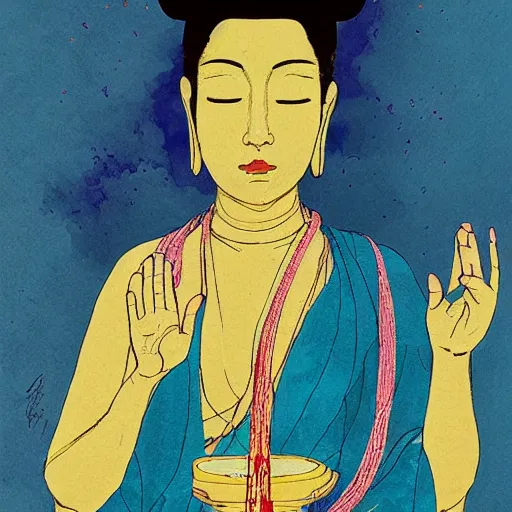 Image similar to contented female bodhisattva, praying meditating, portrait by Conrad Roset