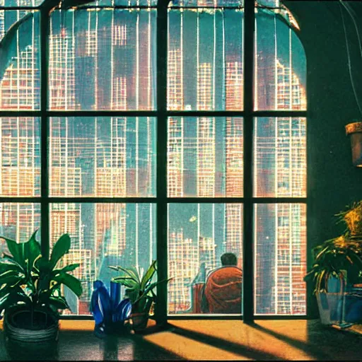 Prompt: 80s interior with arched windows, neon lighting, sunlight, summer, hanging plants, cinematic, cyberpunk, lofi, calming, dramatic, fantasy, by Moebius, by zdzisław beksiński, Fantasy LUT, epic composition, sci-fi, dreamlike, surreal, angels, cinematic, 8k, unreal engine, fantasy concept art,