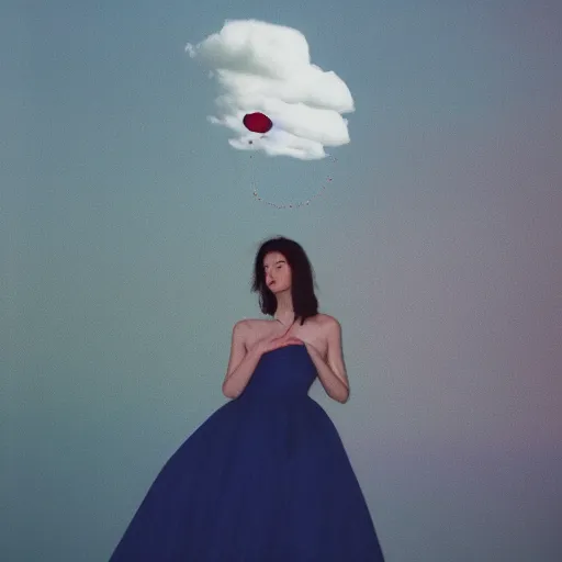 Image similar to realistic! photo of a balenciaga dress, floating in sky, color film photography, 35mm