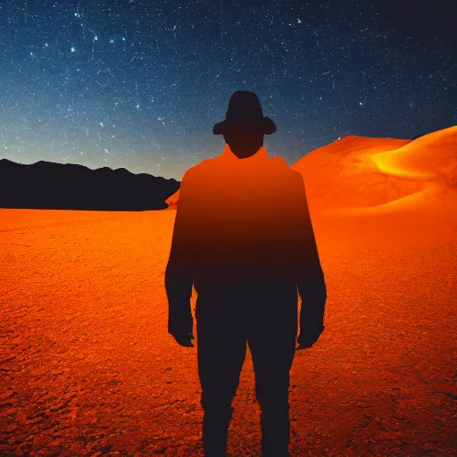 Image similar to a photo of a silhouette of a person in a color lit desert at night