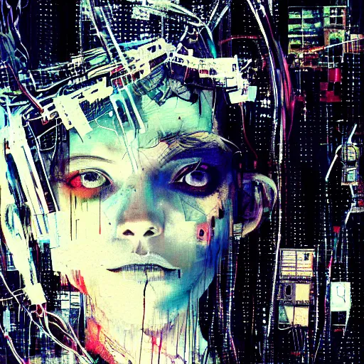 Image similar to a young punk woman lost in a cyberpunk noir glitchcore world of wires, and machines, by jeremy mann, francis bacon and agnes cecile, and dave mckean ink drips, paint smears, digital glitches glitchart