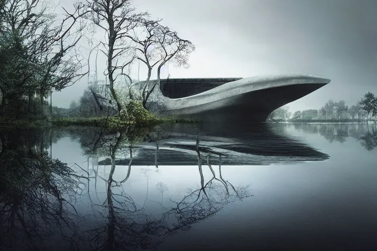 Prompt: an brutalist spaceship forming from a lake surrounded by trees, serene vast landscape, tentacles rising from the water, rainy day, beautiful lighting, high depth, ultra realistic, artistic, by annie leibovitz