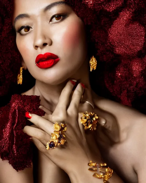 Prompt: Portrait of a European woman, black, close-up, high sharpness, zeiss lens, fashion photo shoot, peony flowers, red hair, red lipstick, in the background of gold, they have rhinestones on their face, Edward Buba, Annie Leibovitz and Steve McCurry, Leslie Zhang, David Lazar, Jimmy Nelsson, Eiko Hosoe, Zhong Lin, artistic, hyperrealistic, beautiful face, octane rendering