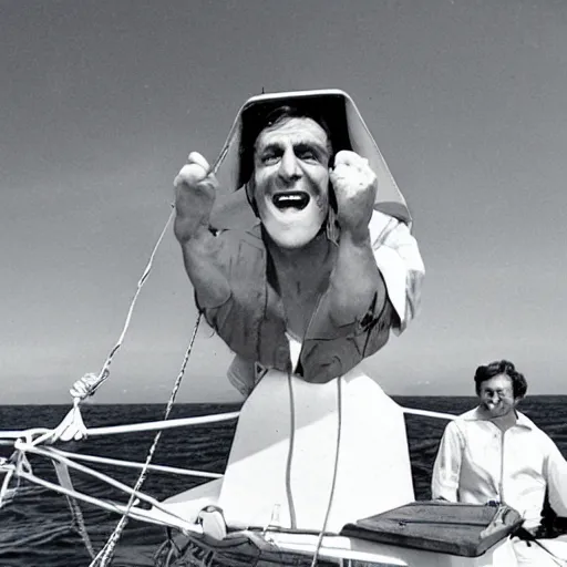 Prompt: tarman on a sailboat with mouth open wide