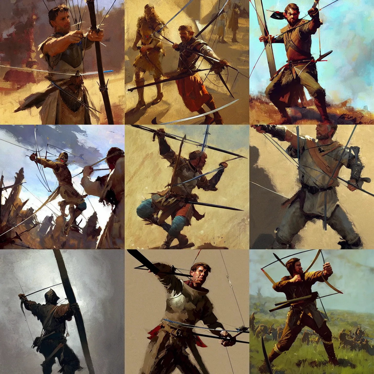 Prompt: medieval archer posing by craig mullins, greg manchess, bernie fuchs, walter everett, epic