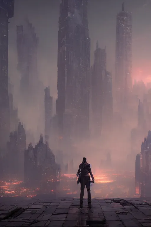 Image similar to A person standing in the foreground of a never ending city by Greg Rutkowski, Sung Choi, Mitchell Mohrhauser, Maciej Kuciara, Johnson Ting, Maxim Verehin, Peter Konig, final fantasy , 8k photorealistic, cinematic lighting, HD, high details, dramatic, dark atmosphere, trending on artstation