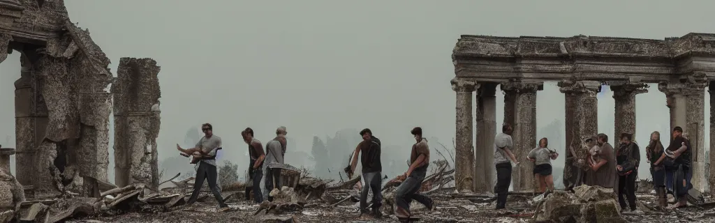 Prompt: group huddled around a fire in a decaying building with the world outside overgrown and in ancient architecture ruins from a higher perspective with dramatic lighting photographed with an animorphic lens, rendered in a cinematic hazy dusk atmosphere