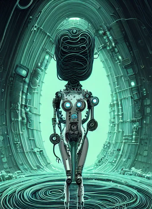 Image similar to highly detailed portrait of a biopunk long curly white hair tribal lady, stray wiring by atey ghailan, james gilleard, by joe fenton, by greg rutkowski, by greg tocchini, by kaethe butcher, 4 k resolution, gradient green, black and white color scheme!!! ( ( irradiated robotic cavern background ) )