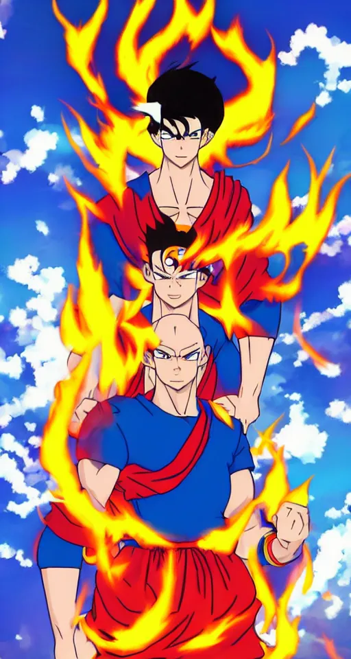 Image similar to Sangoku super power, fire in background, anime manga style